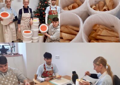 Menschen beim Backen und Verpacken von Neujahrskuchen mit Waffeleisen, Teig und fertigen Rollen